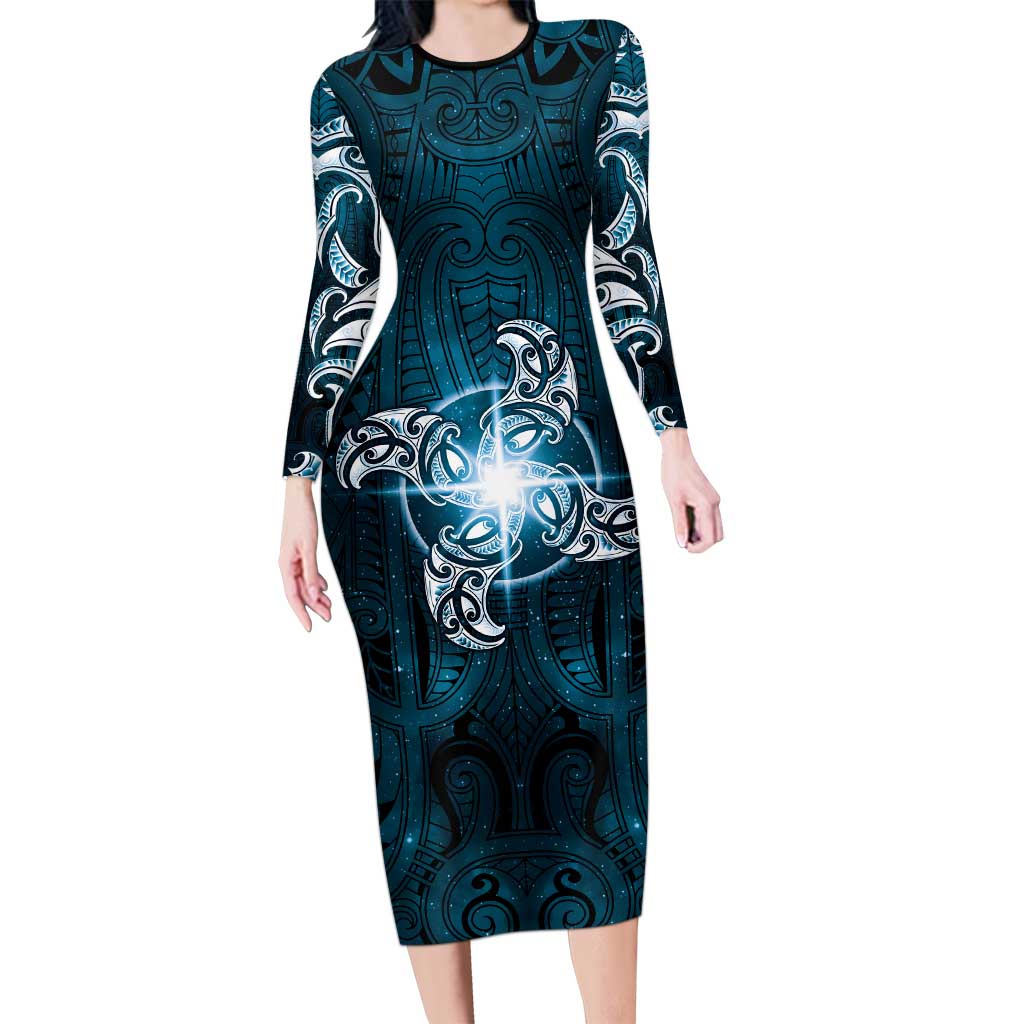 New Zealand Matariki Waita Long Sleeve Bodycon Dress Maori Moko Dark Blue Galaxy