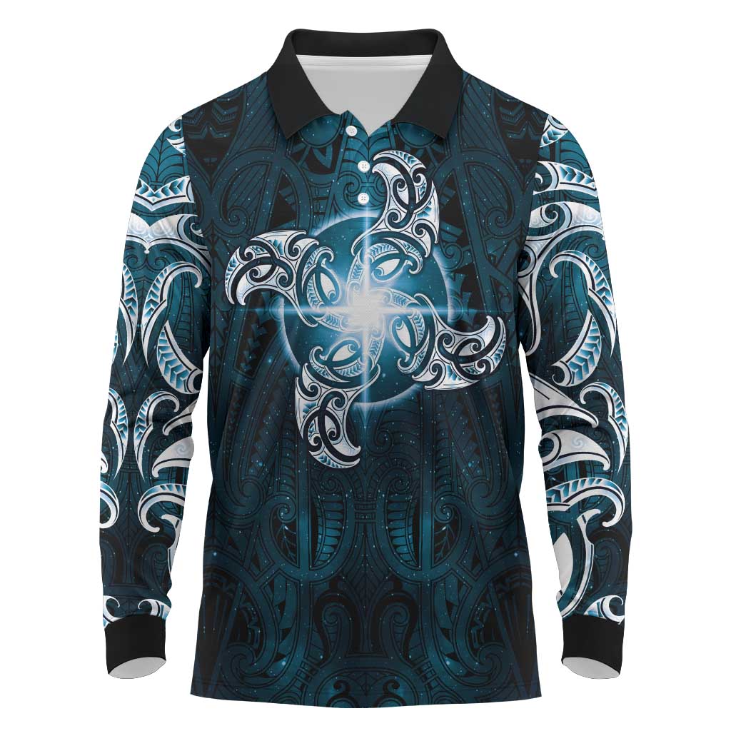 New Zealand Matariki Waita Long Sleeve Polo Shirt Maori Moko Dark Blue Galaxy