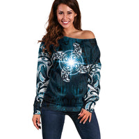 New Zealand Matariki Waita Off Shoulder Sweater Maori Moko Dark Blue Galaxy