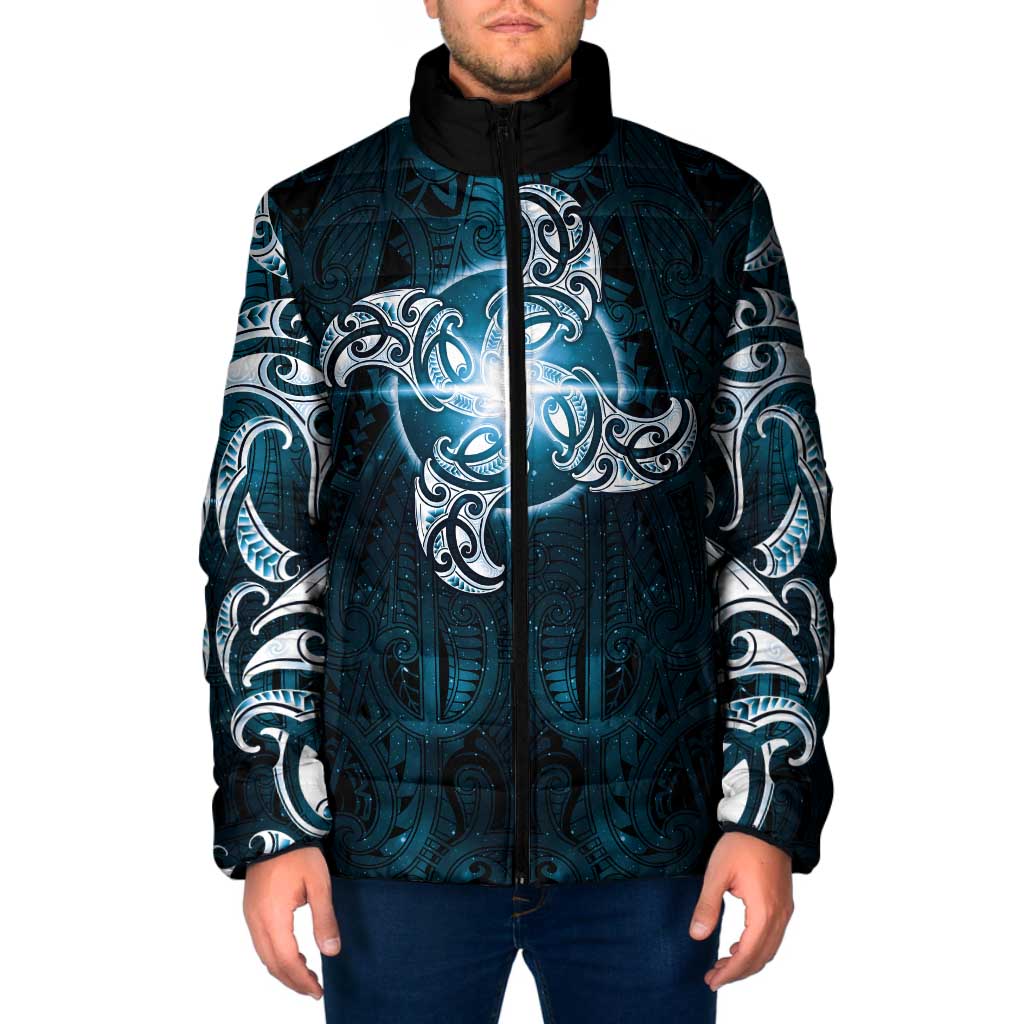New Zealand Matariki Waita Padded Jacket Maori Moko Dark Blue Galaxy