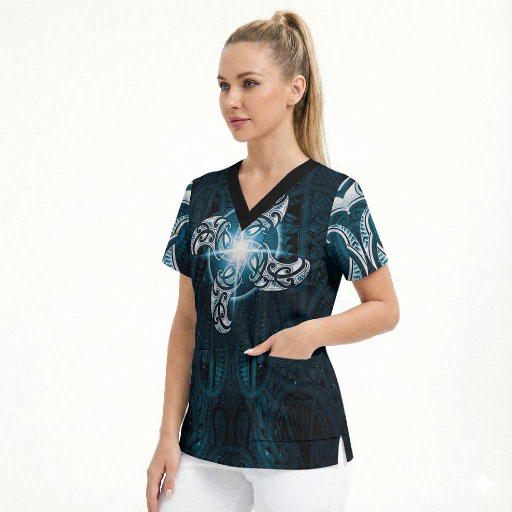New Zealand Matariki Waita Scrub Top Maori Moko Dark Blue Galaxy