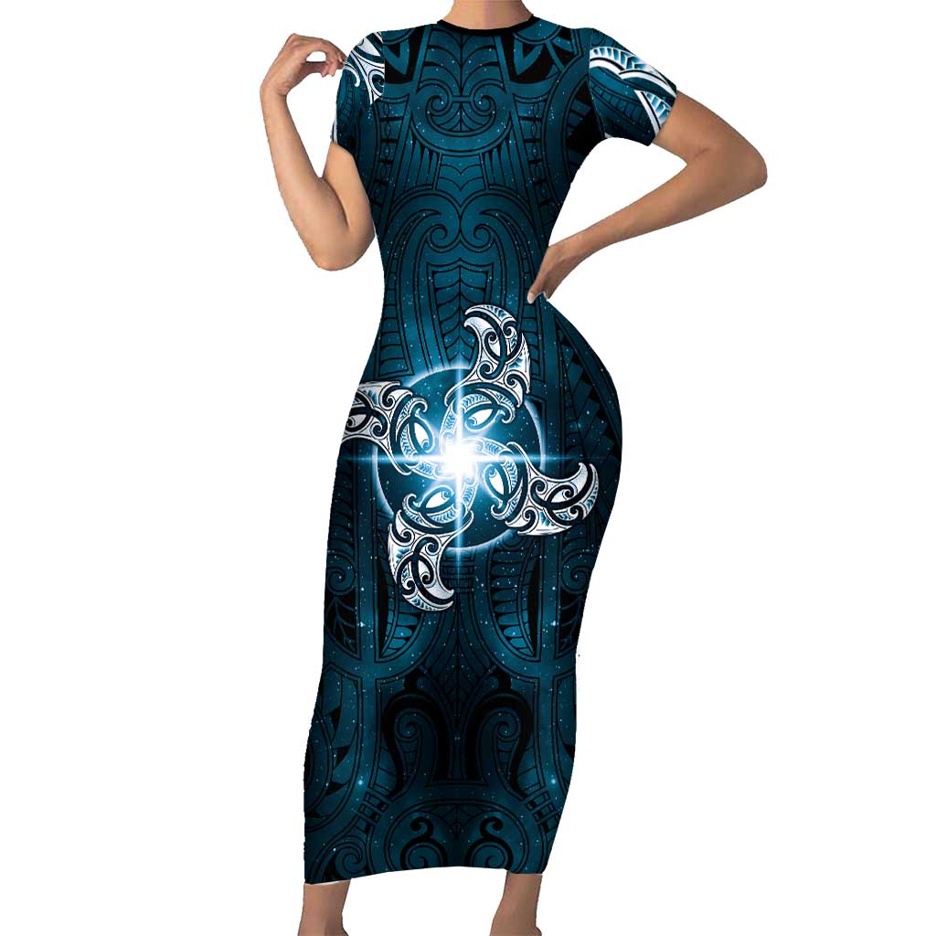 New Zealand Matariki Waita Short Sleeve Bodycon Dress Maori Moko Dark Blue Galaxy