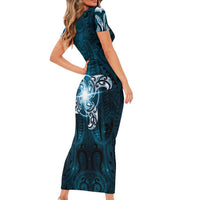 New Zealand Matariki Waita Short Sleeve Bodycon Dress Maori Moko Dark Blue Galaxy