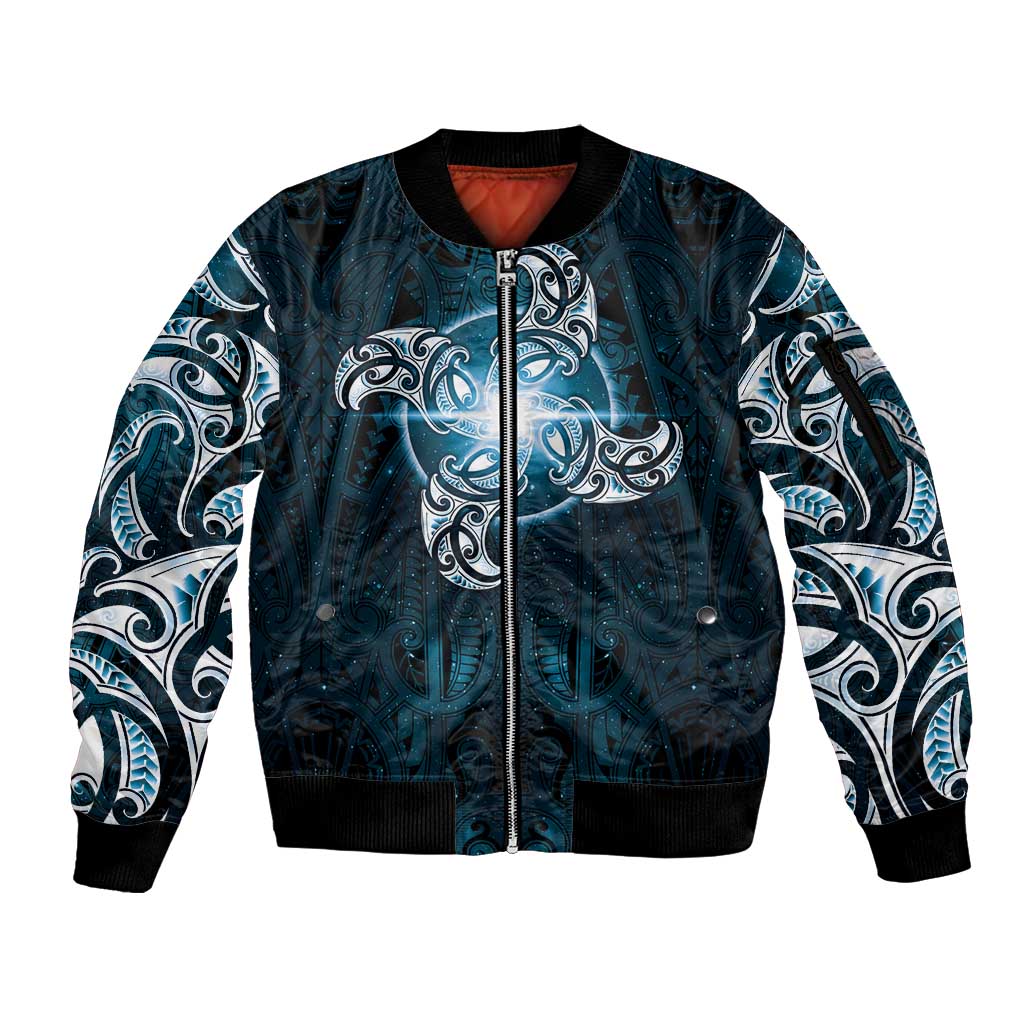 New Zealand Matariki Waita Sleeve Zip Bomber Jacket Maori Moko Dark Blue Galaxy