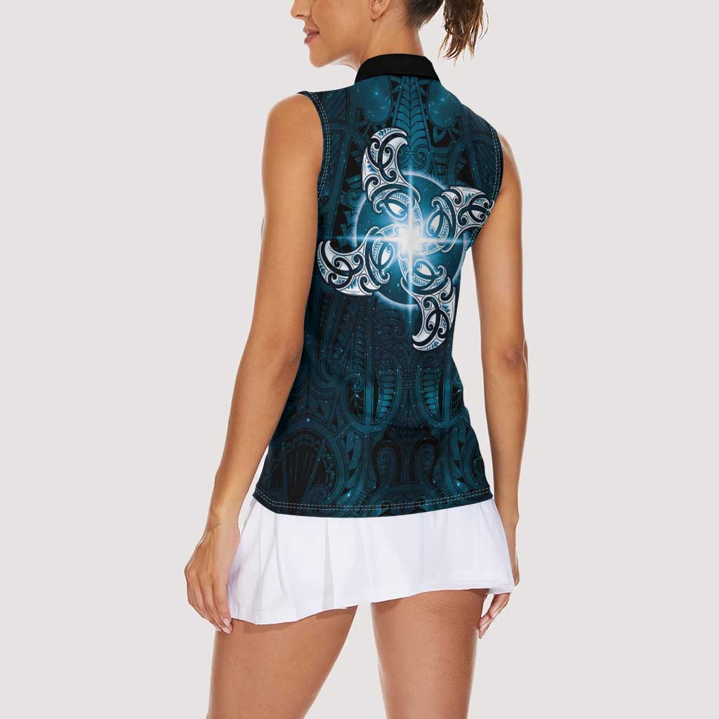 New Zealand Matariki Waita Women Sleeveless Polo Shirt Maori Moko Dark Blue Galaxy