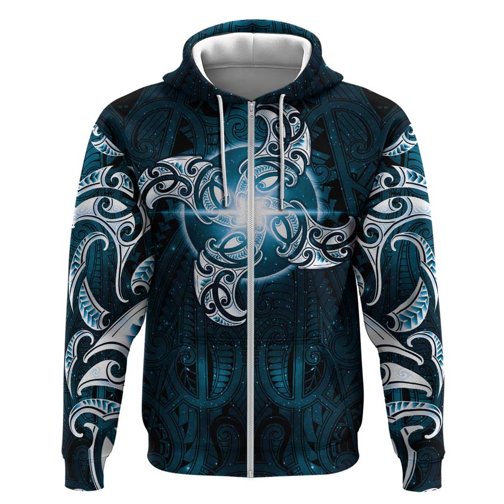 New Zealand Matariki Waita Zip Hoodie Maori Moko Dark Blue Galaxy