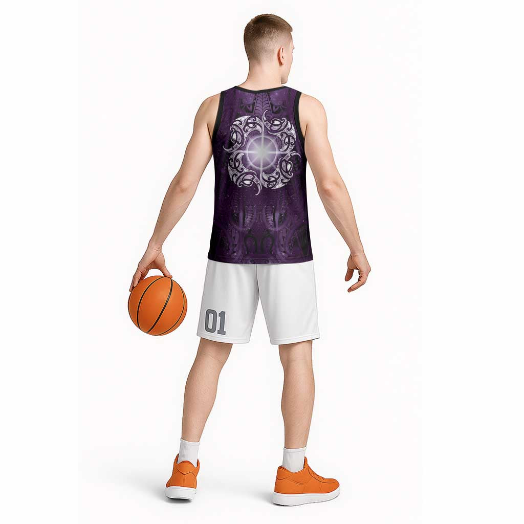 New Zealand Matariki Waipunarangi Basketball Jersey Maori Moko Purple Galaxy LT05 - Polynesian Pride