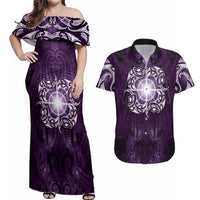New Zealand Matariki Waipunarangi Couples Matching Off Shoulder Maxi Dress and Hawaiian Shirt Maori Moko Purple Galaxy LT05 Purple - Polynesian Pride