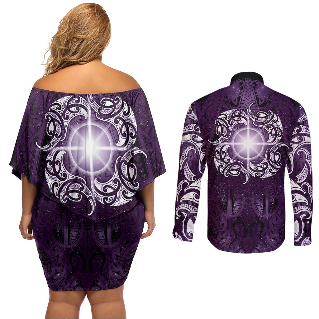 New Zealand Matariki Waipunarangi Couples Matching Off Shoulder Short Dress and Long Sleeve Button Shirt Maori Moko Purple Galaxy LT05 - Polynesian Pride
