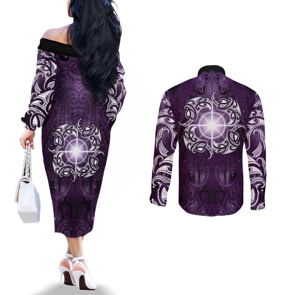 New Zealand Matariki Waipunarangi Couples Matching Off The Shoulder Long Sleeve Dress and Long Sleeve Button Shirt Maori Moko Purple Galaxy LT05 - Polynesian Pride