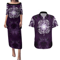 New Zealand Matariki Waipunarangi Couples Matching Puletasi and Hawaiian Shirt Maori Moko Purple Galaxy LT05 Purple - Polynesian Pride
