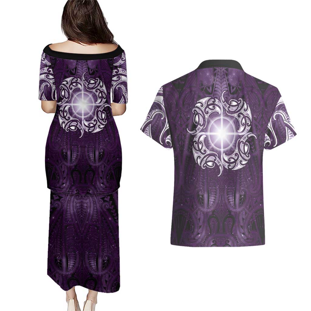 New Zealand Matariki Waipunarangi Couples Matching Puletasi and Hawaiian Shirt Maori Moko Purple Galaxy LT05 - Polynesian Pride