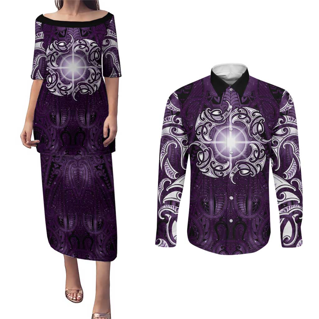 New Zealand Matariki Waipunarangi Couples Matching Puletasi and Long Sleeve Button Shirt Maori Moko Purple Galaxy LT05 Purple - Polynesian Pride