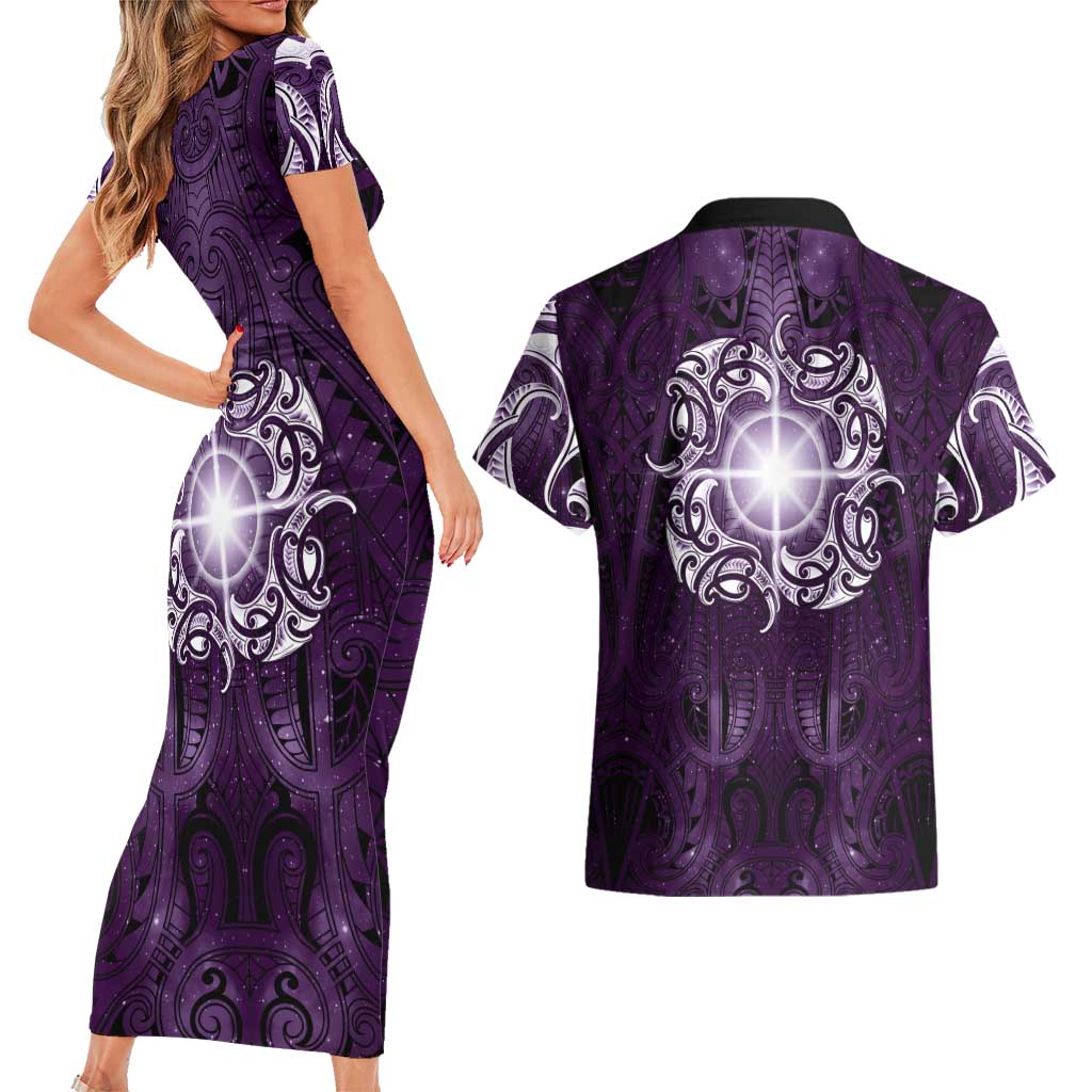 New Zealand Matariki Waipunarangi Couples Matching Short Sleeve Bodycon Dress and Hawaiian Shirt Maori Moko Purple Galaxy LT05 - Polynesian Pride