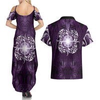 New Zealand Matariki Waipunarangi Couples Matching Summer Maxi Dress and Hawaiian Shirt Maori Moko Purple Galaxy LT05 - Polynesian Pride
