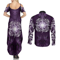 New Zealand Matariki Waipunarangi Couples Matching Summer Maxi Dress and Long Sleeve Button Shirt Maori Moko Purple Galaxy LT05 - Polynesian Pride