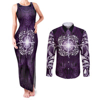 New Zealand Matariki Waipunarangi Couples Matching Tank Maxi Dress and Long Sleeve Button Shirt Maori Moko Purple Galaxy LT05 Purple - Polynesian Pride