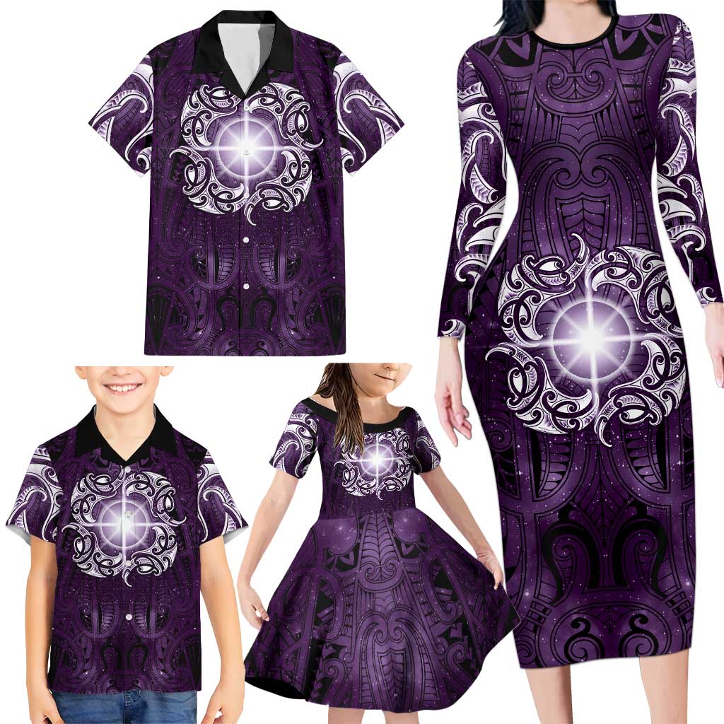 New Zealand Matariki Waipunarangi Family Matching Long Sleeve Bodycon Dress and Hawaiian Shirt Maori Moko Purple Galaxy LT05 - Polynesian Pride
