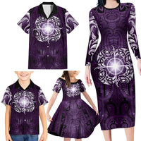 New Zealand Matariki Waipunarangi Family Matching Long Sleeve Bodycon Dress and Hawaiian Shirt Maori Moko Purple Galaxy LT05 - Polynesian Pride