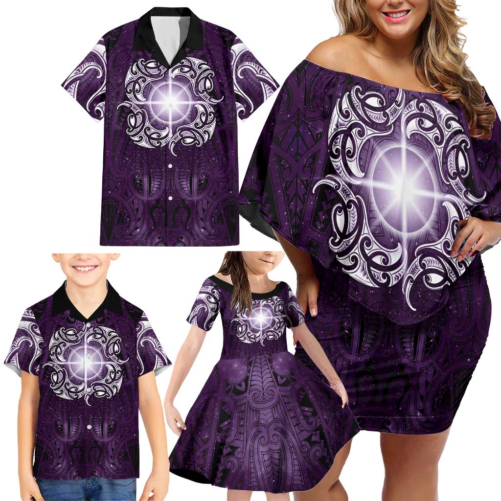 New Zealand Matariki Waipunarangi Family Matching Off Shoulder Short Dress and Hawaiian Shirt Maori Moko Purple Galaxy LT05 - Polynesian Pride