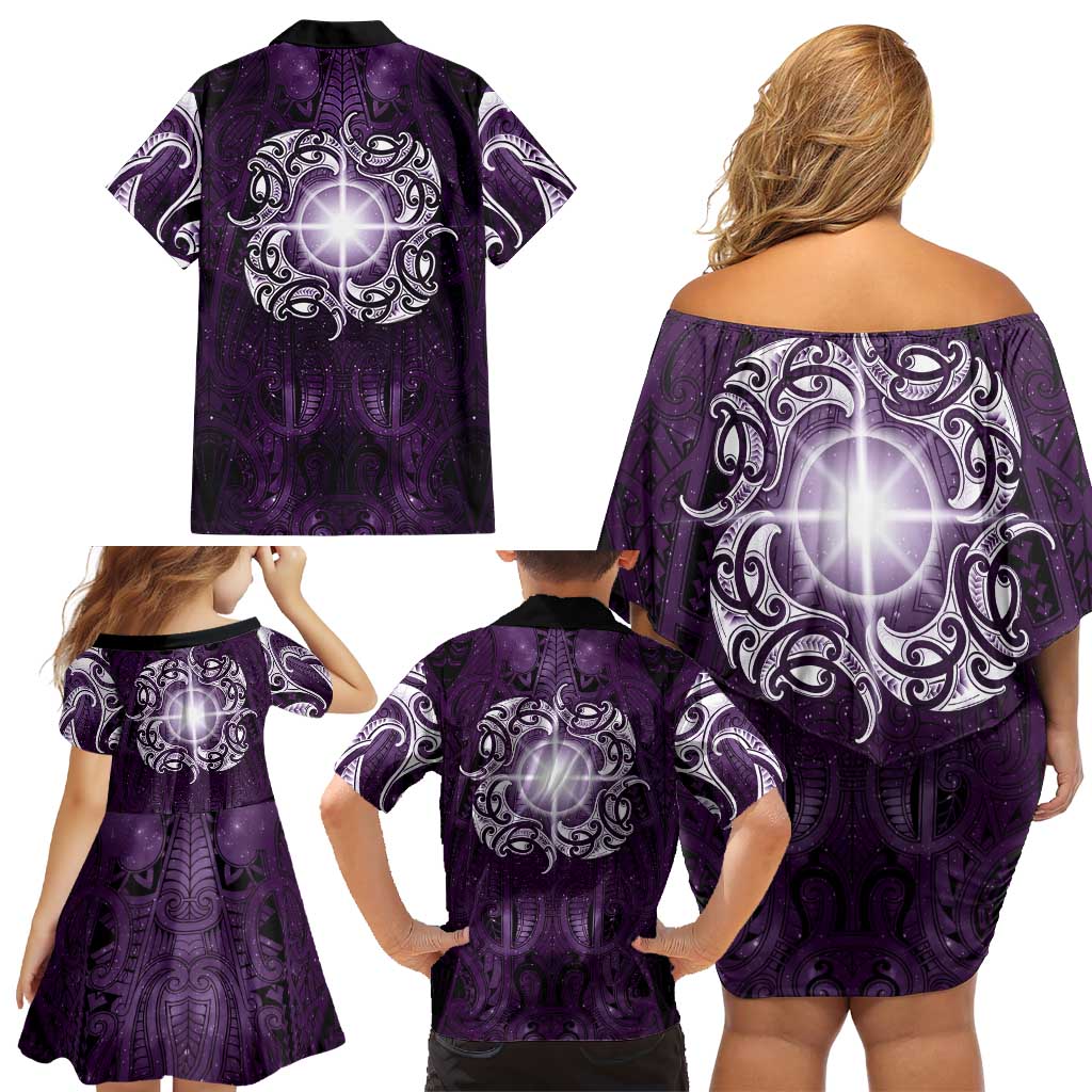 New Zealand Matariki Waipunarangi Family Matching Off Shoulder Short Dress and Hawaiian Shirt Maori Moko Purple Galaxy LT05 - Polynesian Pride