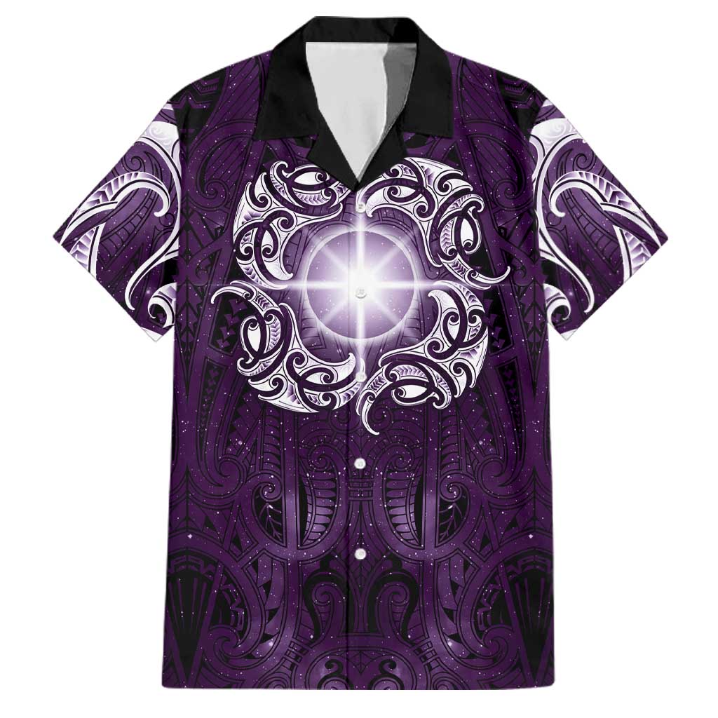 New Zealand Matariki Waipunarangi Family Matching Off Shoulder Short Dress and Hawaiian Shirt Maori Moko Purple Galaxy LT05 Dad's Shirt - Short Sleeve Purple - Polynesian Pride