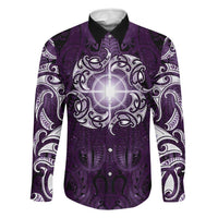 New Zealand Matariki Waipunarangi Family Matching Off Shoulder Short Dress and Hawaiian Shirt Maori Moko Purple Galaxy LT05 Dad's Shirt - Long Sleeve Purple - Polynesian Pride