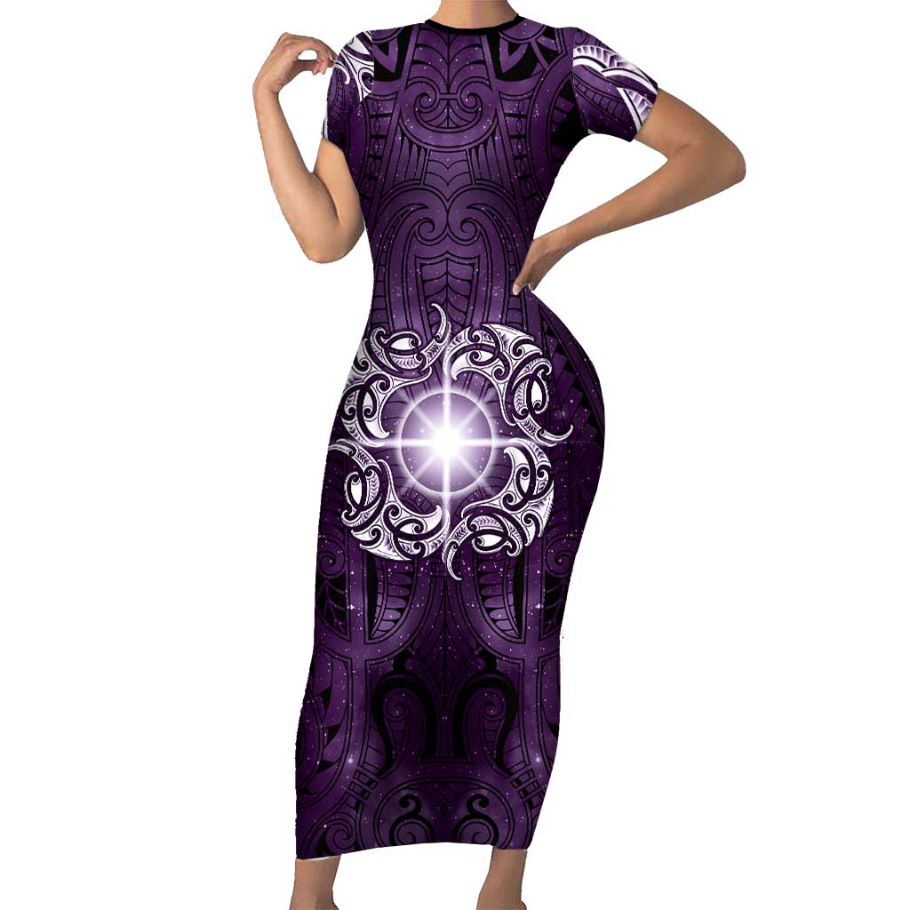 New Zealand Matariki Waipunarangi Family Matching Short Sleeve Bodycon Dress and Hawaiian Shirt Maori Moko Purple Galaxy LT05 Mom's Dress Purple - Polynesian Pride
