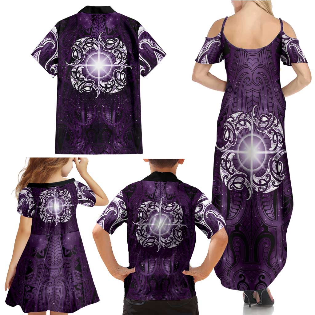 New Zealand Matariki Waipunarangi Family Matching Summer Maxi Dress and Hawaiian Shirt Maori Moko Purple Galaxy LT05 - Polynesian Pride