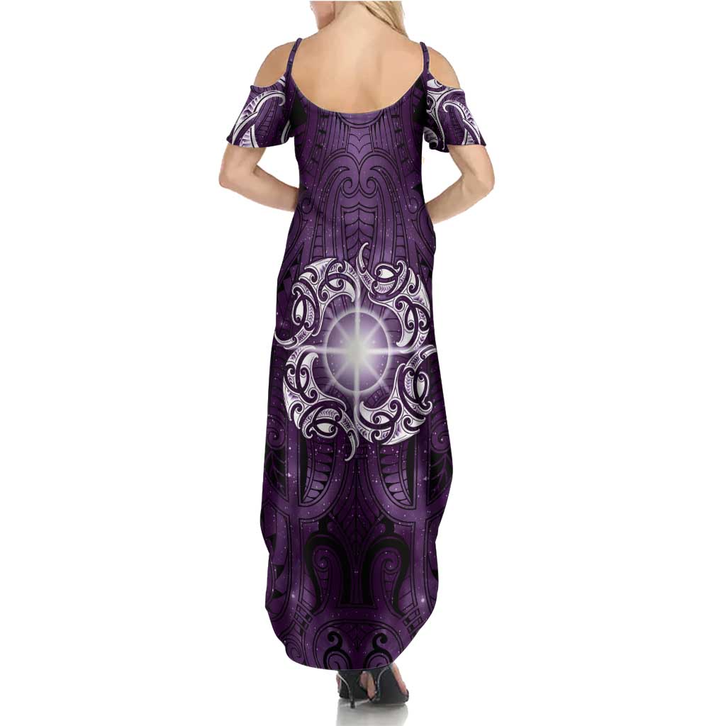 New Zealand Matariki Waipunarangi Family Matching Summer Maxi Dress and Hawaiian Shirt Maori Moko Purple Galaxy LT05 - Polynesian Pride
