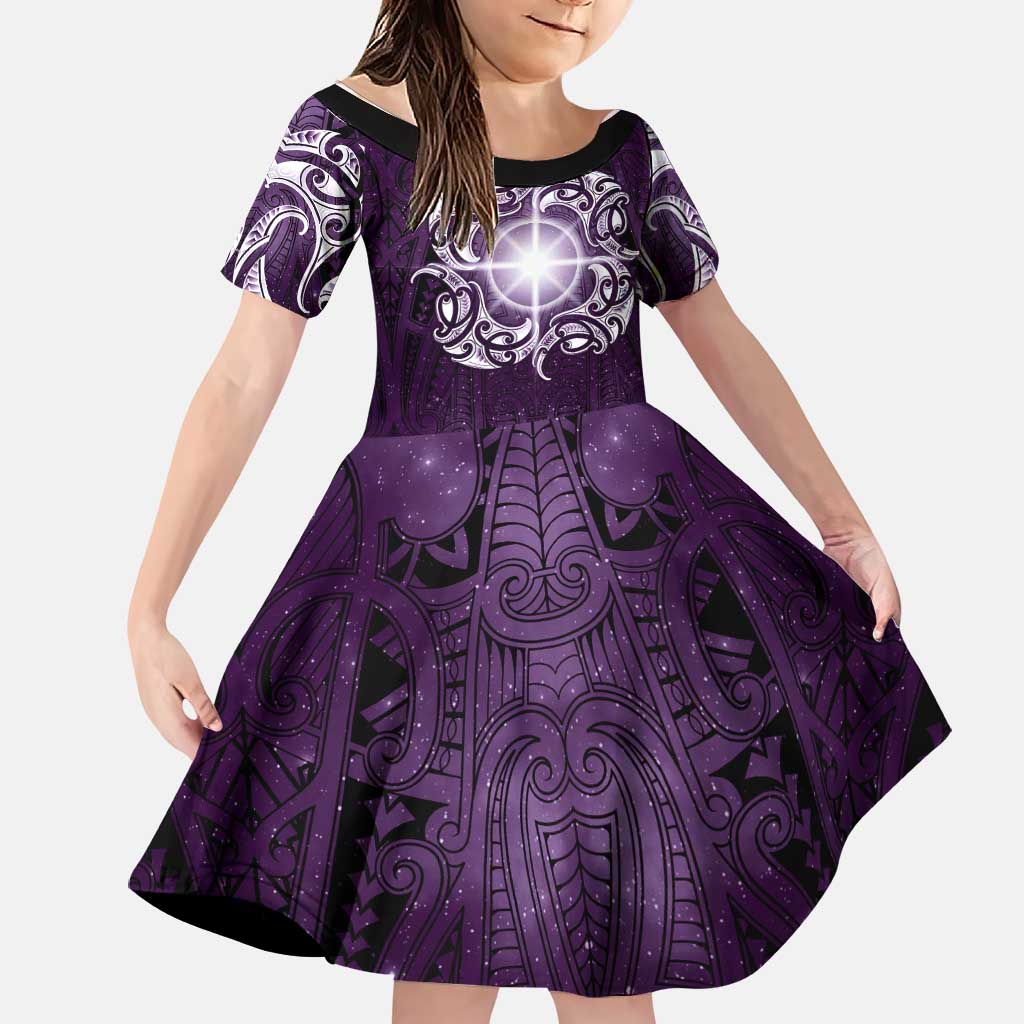 New Zealand Matariki Waipunarangi Family Matching Tank Maxi Dress and Hawaiian Shirt Maori Moko Purple Galaxy LT05 Daughter's Dress Purple - Polynesian Pride