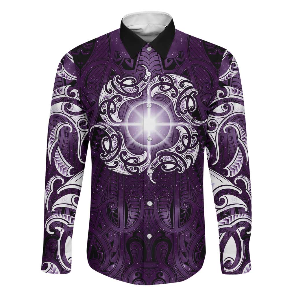 New Zealand Matariki Waipunarangi Family Matching Tank Maxi Dress and Hawaiian Shirt Maori Moko Purple Galaxy LT05 Dad's Shirt - Long Sleeve Purple - Polynesian Pride