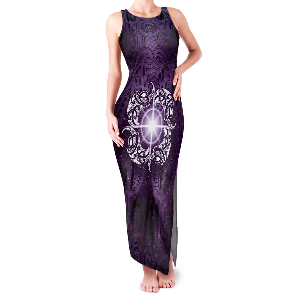 New Zealand Matariki Waipunarangi Family Matching Tank Maxi Dress and Hawaiian Shirt Maori Moko Purple Galaxy LT05 Mom's Dress Purple - Polynesian Pride