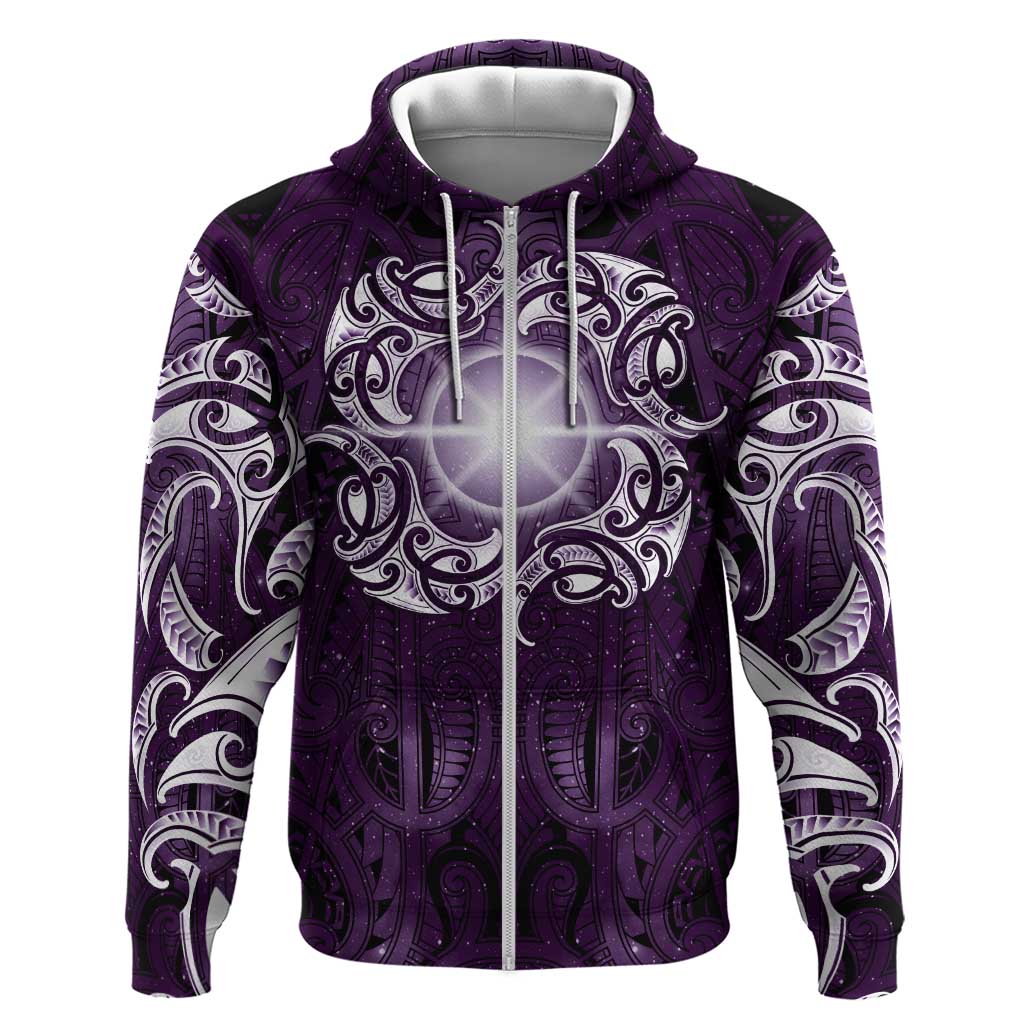 New Zealand Matariki Waipunarangi Hoodie Maori Moko Purple Galaxy LT05 Zip Hoodie Purple - Polynesian Pride