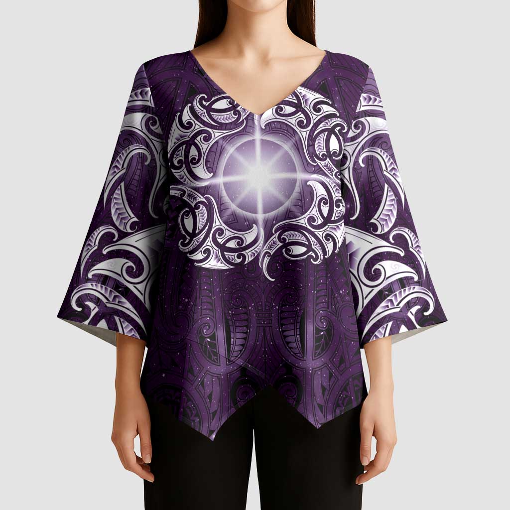 New Zealand Matariki Waipunarangi Kimono Sleeve Blouse Maori Moko Purple Galaxy