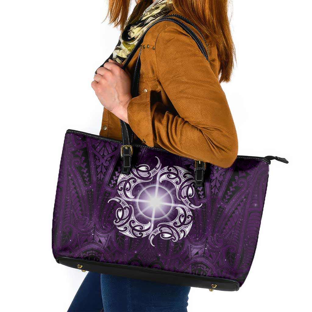 New Zealand Matariki Waipunarangi Leather Tote Bag Maori Moko Purple Galaxy