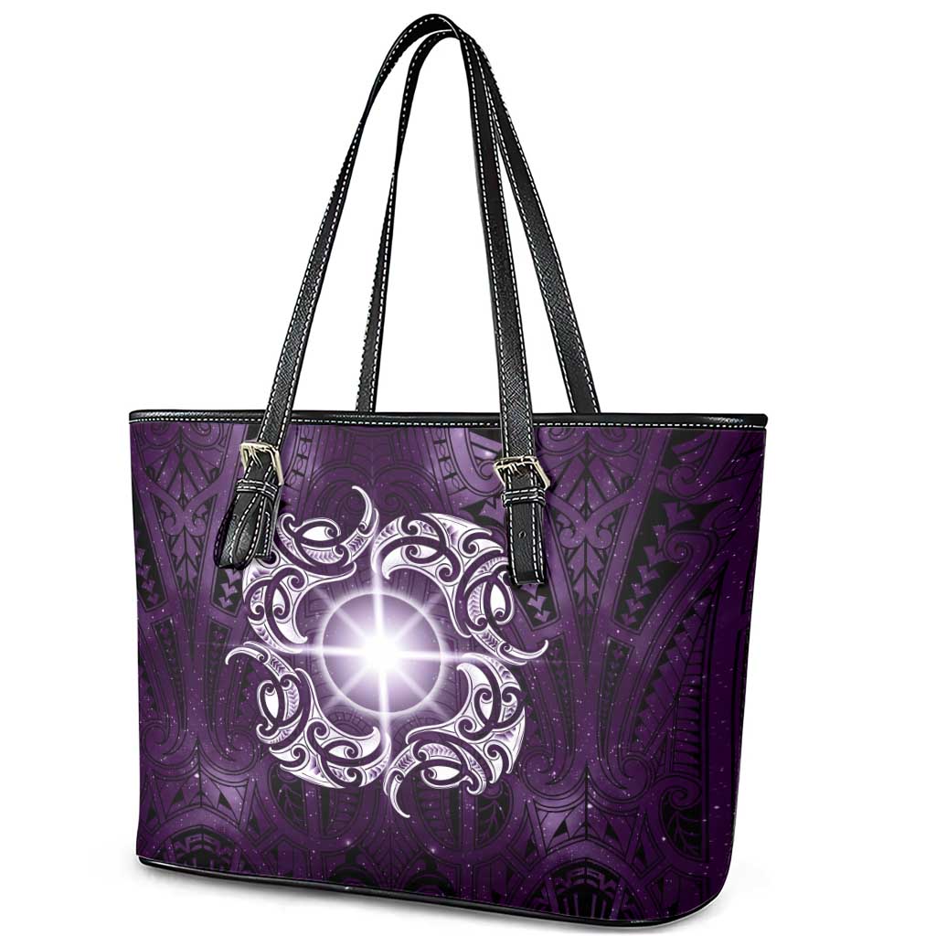 New Zealand Matariki Waipunarangi Leather Tote Bag Maori Moko Purple Galaxy