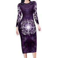New Zealand Matariki Waipunarangi Long Sleeve Bodycon Dress Maori Moko Purple Galaxy LT05 Long Dress Purple - Polynesian Pride