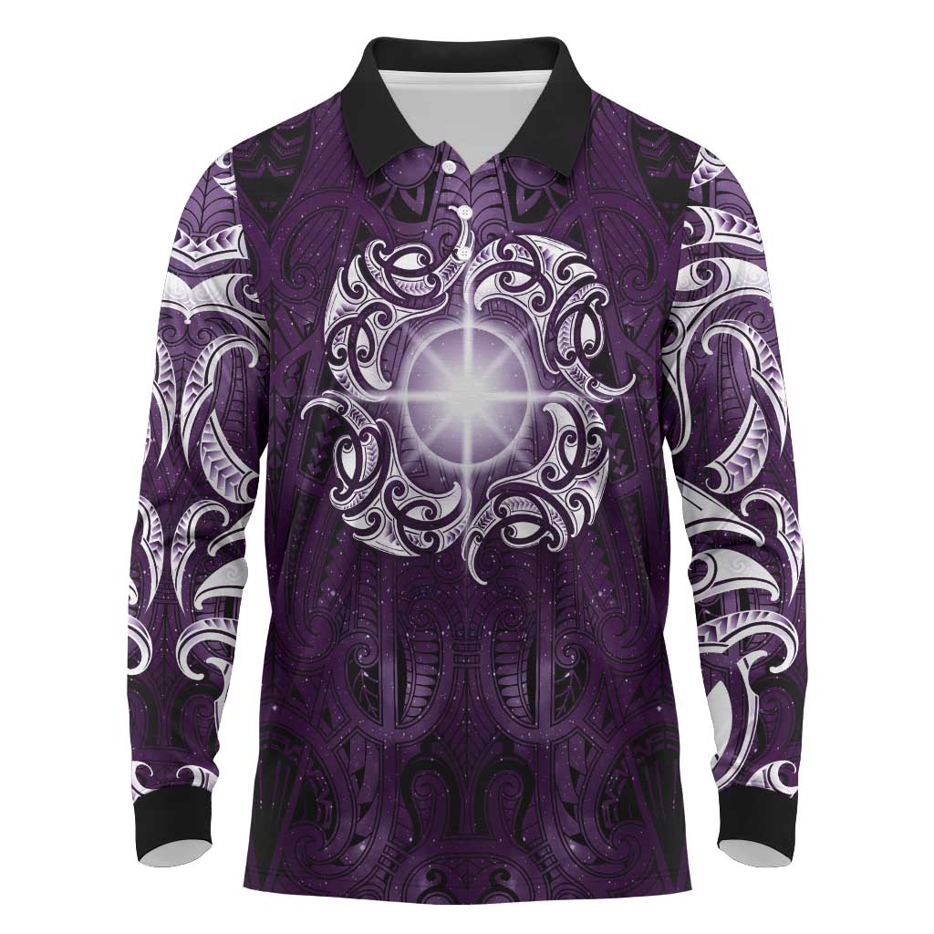 New Zealand Matariki Waipunarangi Long Sleeve Polo Shirt Maori Moko Purple Galaxy LT05 Purple - Polynesian Pride