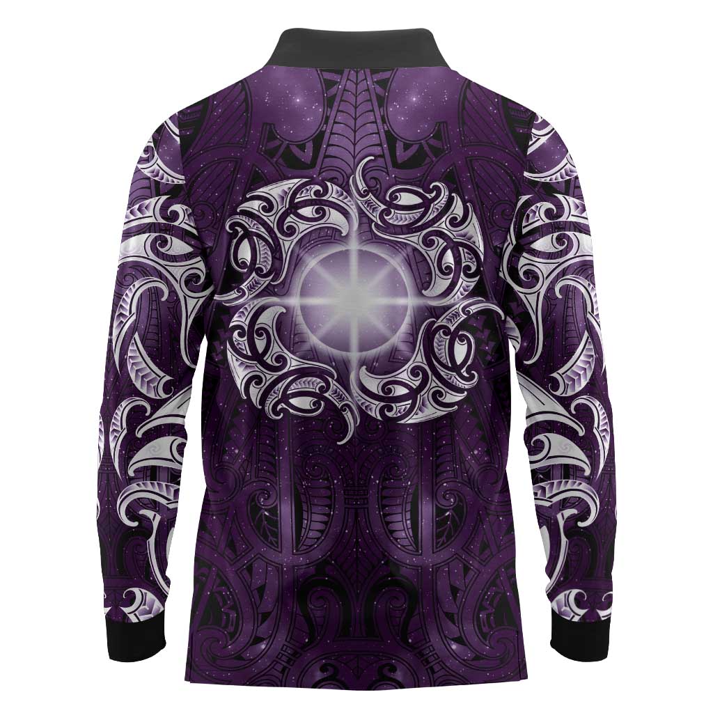 New Zealand Matariki Waipunarangi Long Sleeve Polo Shirt Maori Moko Purple Galaxy LT05 - Polynesian Pride