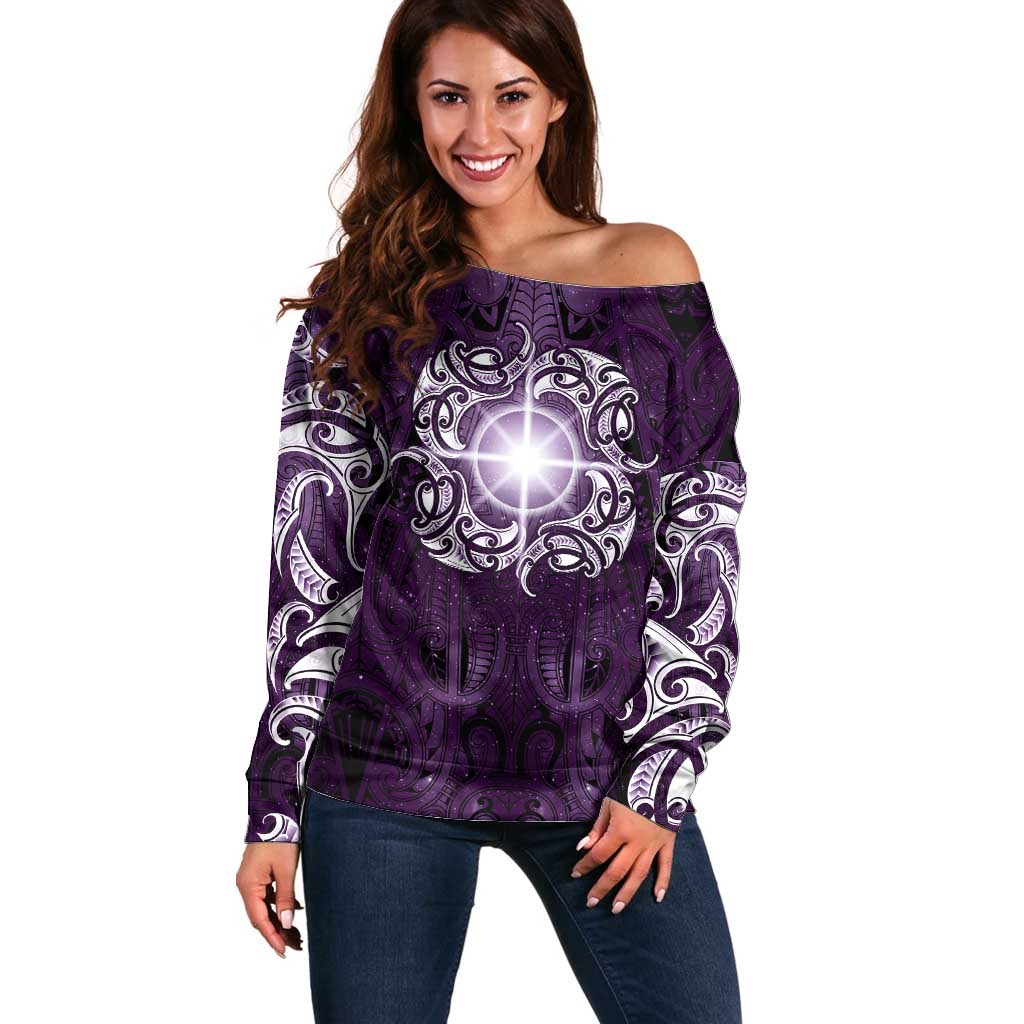 New Zealand Matariki Waipunarangi Off Shoulder Sweater Maori Moko Purple Galaxy