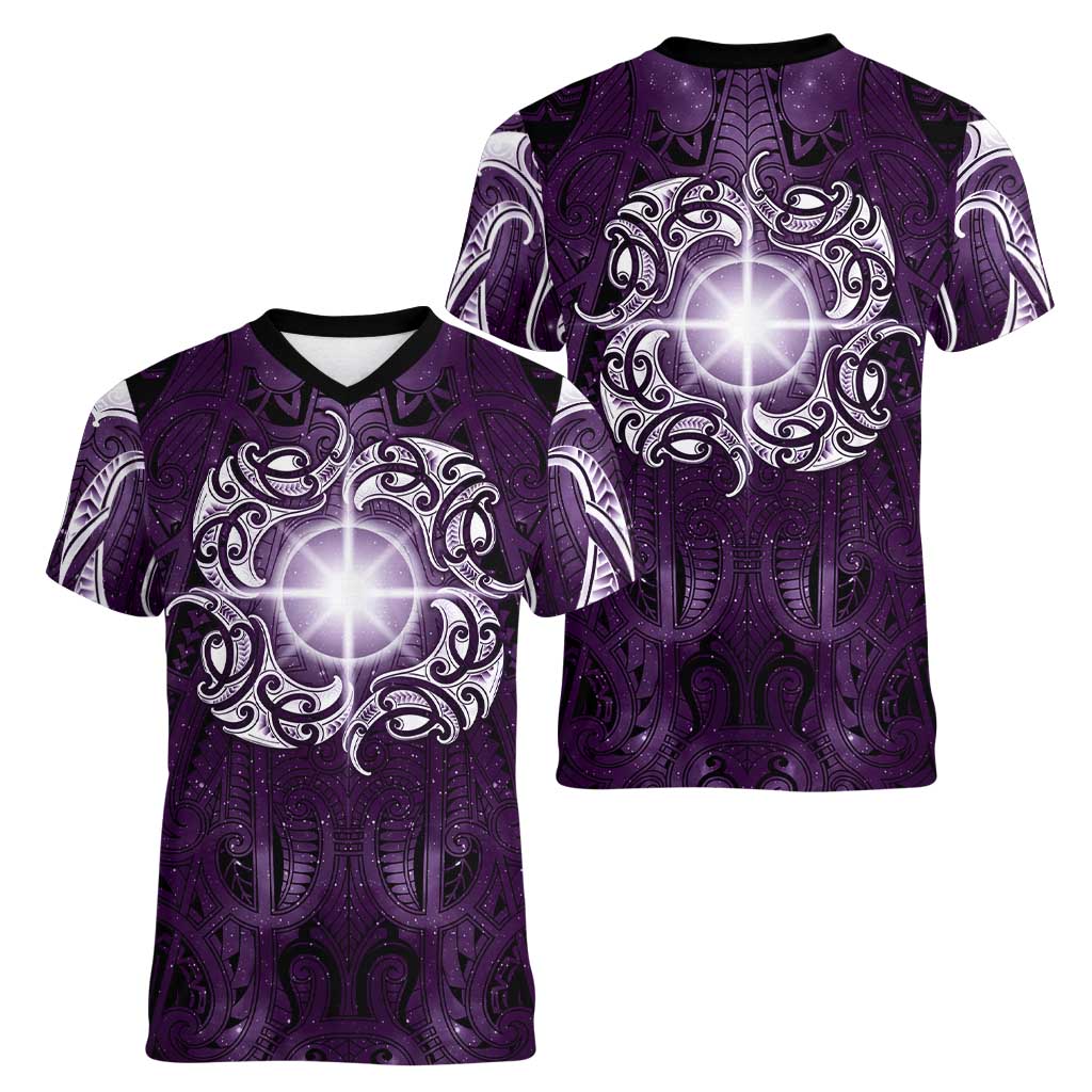 New Zealand Matariki Waipunarangi Women V-Neck T-Shirt Maori Moko Purple Galaxy LT05 - Polynesian Pride
