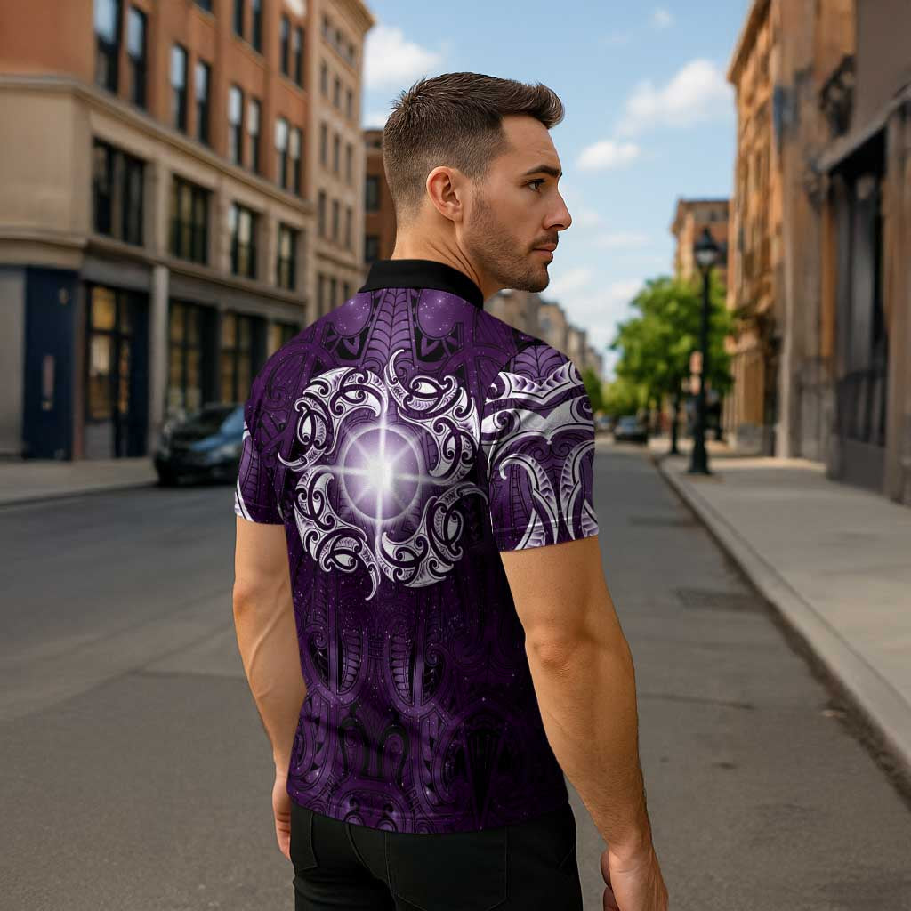 New Zealand Matariki Waipunarangi Zipper Polo Shirt Maori Moko Purple Galaxy