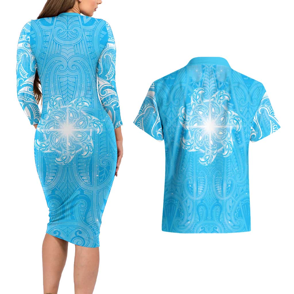 New Zealand Matariki Waiti Couples Matching Long Sleeve Bodycon Dress and Hawaiian Shirt Maori Moko Cyan Galaxy LT05 - Polynesian Pride