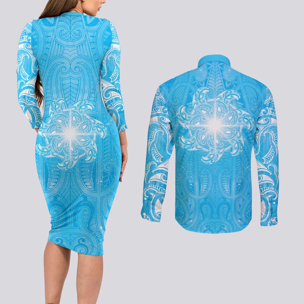 New Zealand Matariki Waiti Couples Matching Long Sleeve Bodycon Dress and Long Sleeve Button Shirt Maori Moko Cyan Galaxy LT05 - Polynesian Pride