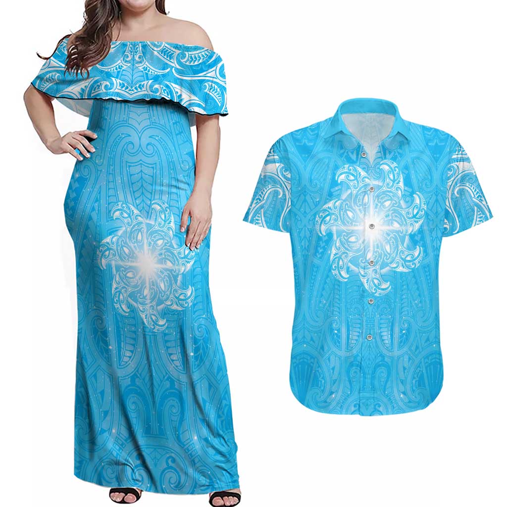 New Zealand Matariki Waiti Couples Matching Off Shoulder Maxi Dress and Hawaiian Shirt Maori Moko Cyan Galaxy LT05 Cyan - Polynesian Pride