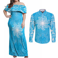 New Zealand Matariki Waiti Couples Matching Off Shoulder Maxi Dress and Long Sleeve Button Shirt Maori Moko Cyan Galaxy