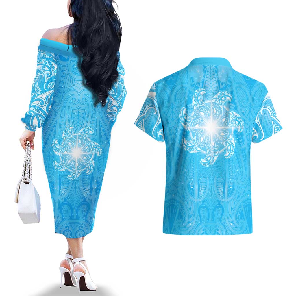 New Zealand Matariki Waiti Couples Matching Off The Shoulder Long Sleeve Dress and Hawaiian Shirt Maori Moko Cyan Galaxy LT05 - Polynesian Pride