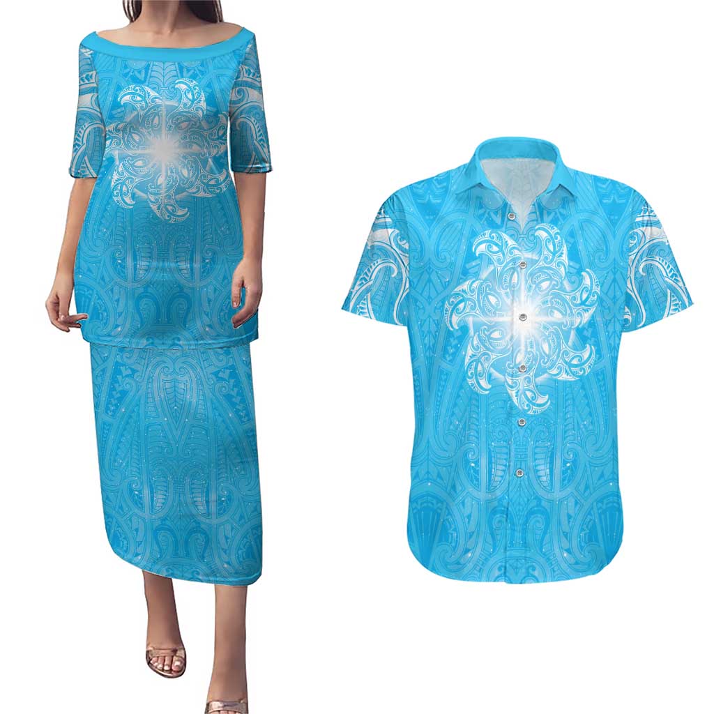 New Zealand Matariki Waiti Couples Matching Puletasi and Hawaiian Shirt Maori Moko Cyan Galaxy