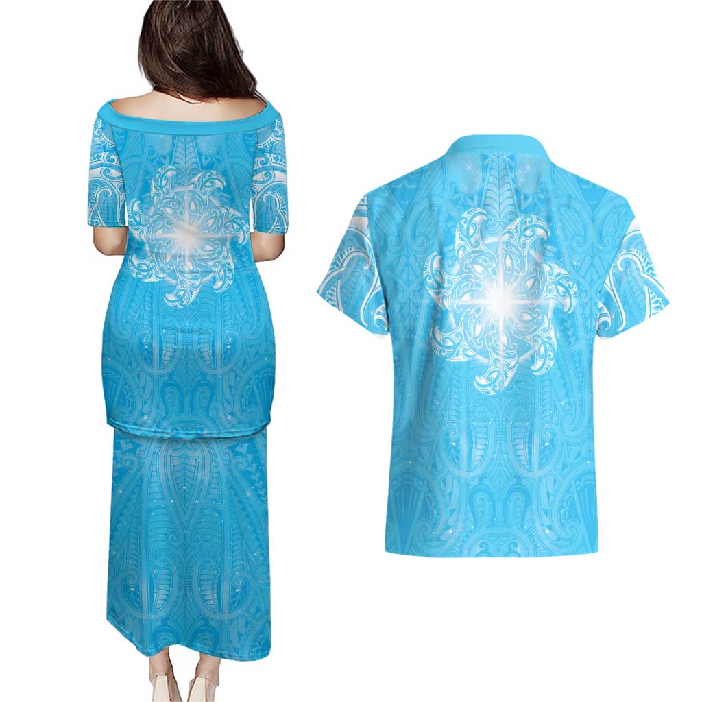 New Zealand Matariki Waiti Couples Matching Puletasi and Hawaiian Shirt Maori Moko Cyan Galaxy LT05 - Polynesian Pride